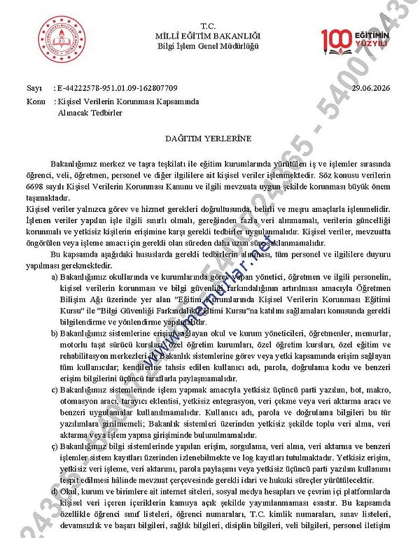 İşte 81 ilde tüm okullara gönderilen yazının tamamı: