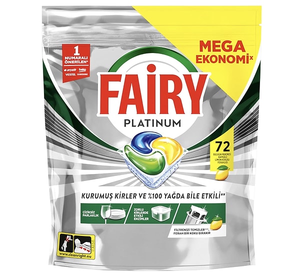 Fairy Platinum 72 Yıkama Limon Kokulu Bulaşık Tableti hızlı satan fırsat avantajıyla net 481,94 TL!