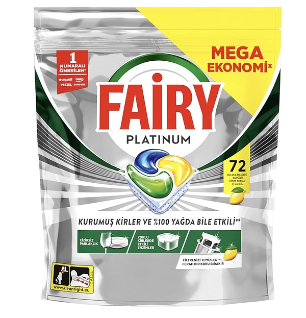 Fairy Platinum 72 Yıkama Limon Kokulu Bulaşık Tableti, günün öne çıkan fırsatıyla net 481,94 TL!