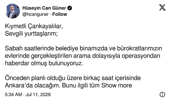 Çankaya Belediye Başkanı Hüseyin Can Güner'den açıklama: