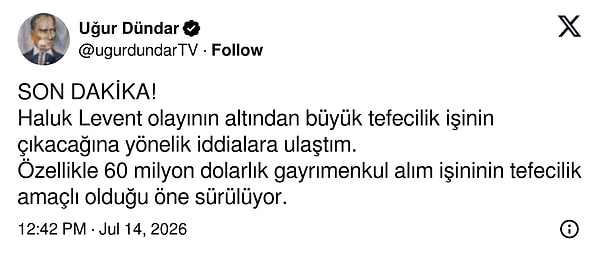 Uğur Dündar, Haluk Levent olayının altından "tefecilik" işinin çıkacağı iddialarına ulaştığını belirtti.