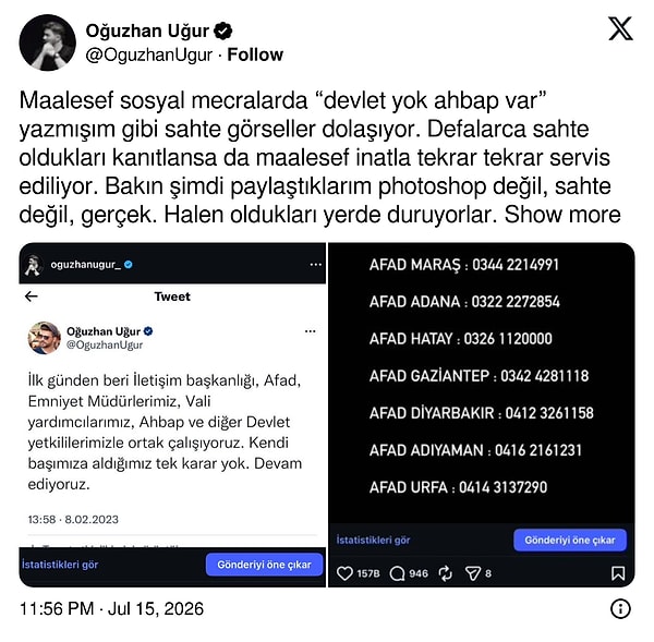Son olarak sosyal medyada sık sık dolaşıma sokulan "Devlet yok, AHBAP var" ifadesini hiçbir zaman kullanmadığını vurgulayan Oğuzhan Uğur, şu açıklamayı yaptı: