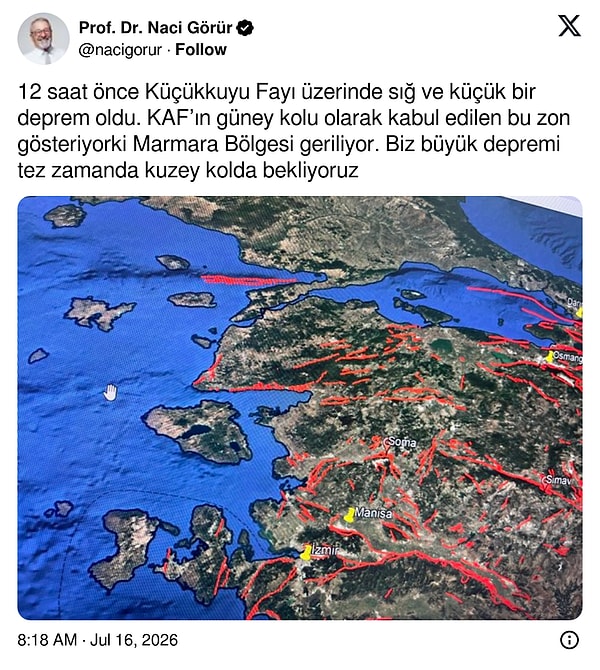 Marmara Denizi’nde büyük deprem olacağını iddia eden bilim insanlarının başında gelen Naci Görür, bugün bir paylaşımda bulundu.
