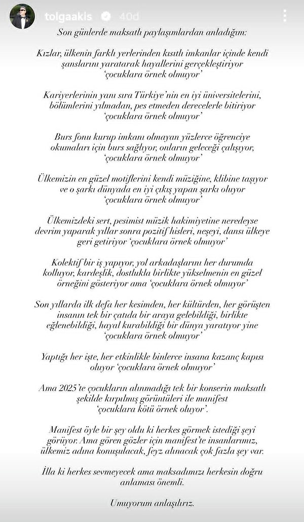 Tolga Akış, Instagram hesabından yaptığı paylaşımda şu ifadeleri kullandı: