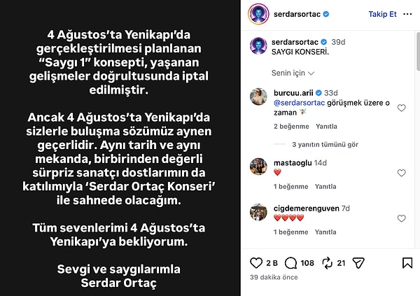 İşte Serdar Ortaç'ın Saygı1 açıklaması: