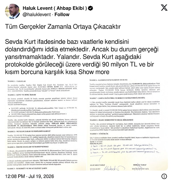 Haluk Levent, Sevda Kurt’un ifadelerine X’teki hesabından cevap verdi.