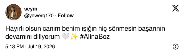 Hayranları Alina Boz'a desteklerini esirgemedi.