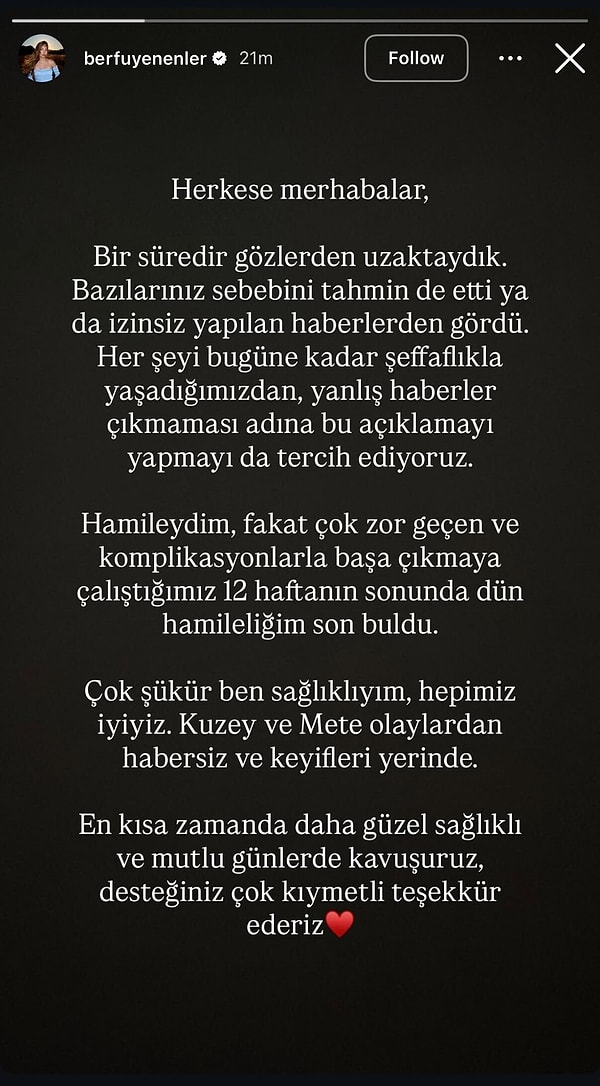 Bir süredir gözlerden uzak kalmalarının nedenini ilk kez açıklayan Berfu Yenenler, hamile olduğunu doğrularken, sürecin beklediklerinden çok daha zorlu geçtiğini ifade etti.