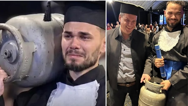 Mezuniyet sahnesine omzunda tüple çıktı