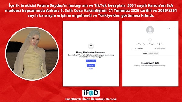EngelliWeb'in aktardığına göre Soydaş'ın Instagram ve TikTok hesabına erişim engeli getirildi.