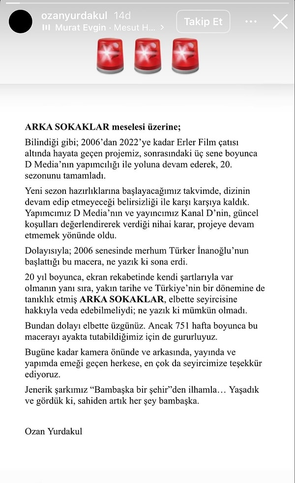 İşte senarist Ozan Yurdakul'un Arka Sokaklar açıklaması:
