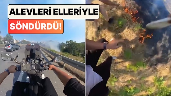 Motosiklet Sürücüsü Yol Kenarında Başlayan Orman Yangınını Elleriyle Söndürdü