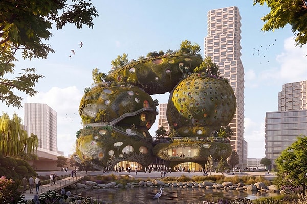 The structure, shaped like seven rocks, will rise from the riverbank.
