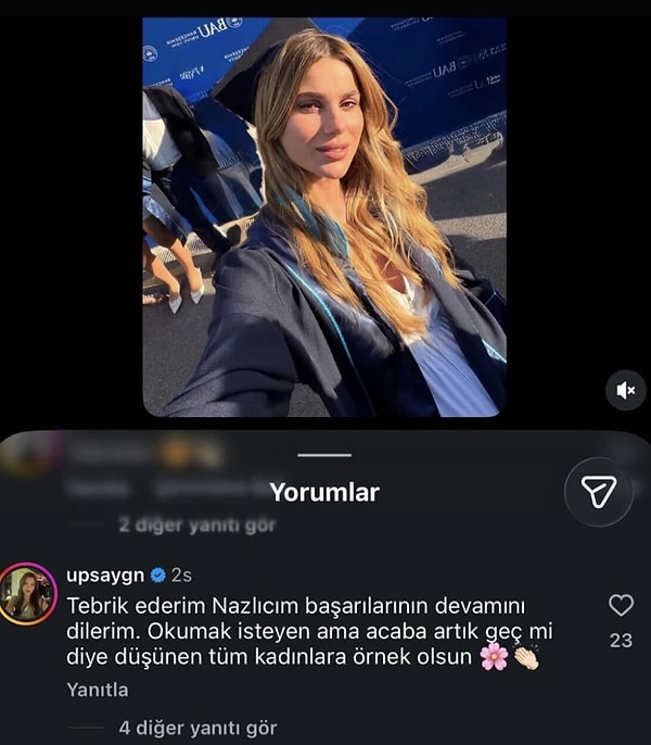 Nazlı Sabancı'nın mezuniyet paylaşımına gelen yüzlerce tebrik mesajı arasında en çok konuşulan isim ise Hakan Sabancı'nın eski sevgilisi Aygün Aydın oldu.