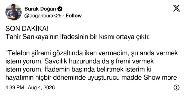Tahir Sarıkaya'nın ifadesinin bir kısmı da ortaya çıktı.