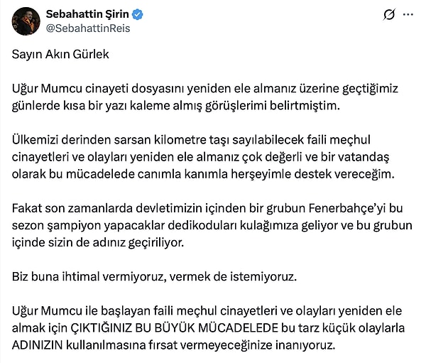 Şirin'in paylaşımında şu ifadeler yer aldı.