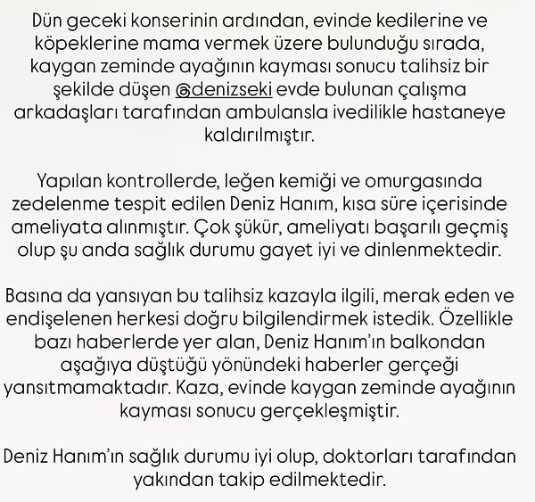 Sanatçının ekibi tarafından yapılan açıklamada, Deniz Seki'nin balkondan düşmediği; evcil hayvanlarına mama vermek isterken kaygan zeminde ayağının kayması sonucu düştüğü belirtildi.