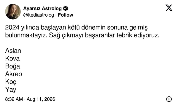 Ayarsız Astrolog özellikle Aslan, Kova, Boğa, Akrep, Koç ve Yay burçlarına dikkat çekiyor.👇