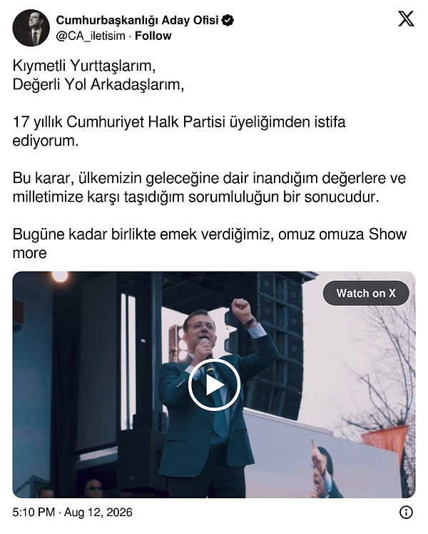 Ekrem İmamoğlu CHP'den istifa etti.
