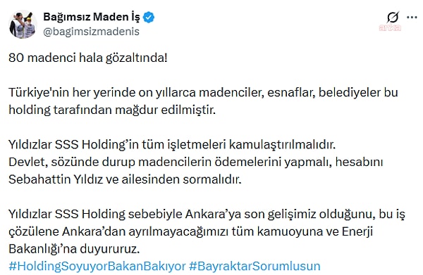 Bağımsız Maden-İş Sendikası üyesi, Yıldızlar SSS Holding’e bağlı Elazığ Eti Gümüş madencileri ile Doruk Madencilik işçilerinin Ankara’daki eyleminde, polis ablukası nedeniyle ilk 7 saat basın mensuplarının madencilerin yanına gitmesine izin verilmedi.