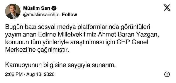 Olayla ilgili CHP Sözcüsü Müslim Sarı, açıklama yaptı: