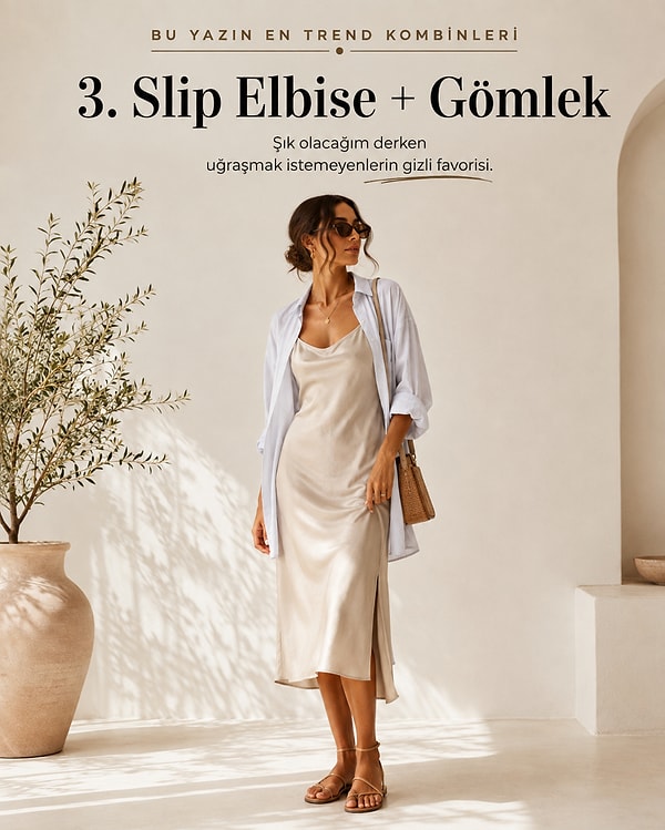 Slip elbise + oversize gömlek ikilisi her durumda kurtarıcı.