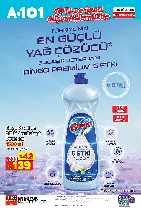 Bingo Premium 5 Etki Sıvı Bulaşık Deterjanı 1500 ml 139 TL