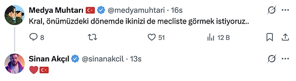 Bir takipçisinin "İkinizi de mecliste görmek istiyoruz..." mesajına Sinan Akçıl'dan kalp ve Türk bayrağı emojisiyle yanıt geldi.