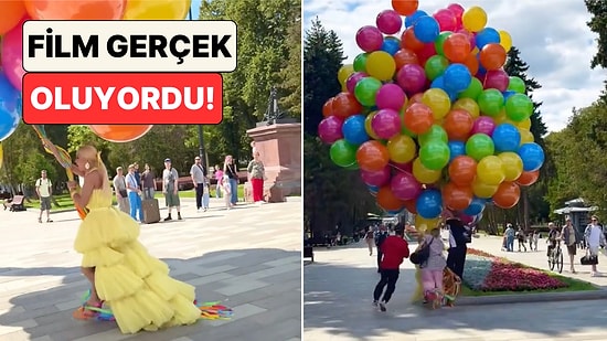 Up Filmi Gerçek Oluyordu! Çekim İçin Uçan Balonlarla Yürüyen Kadın Çevredekilerin Yardımıyla Durabildi