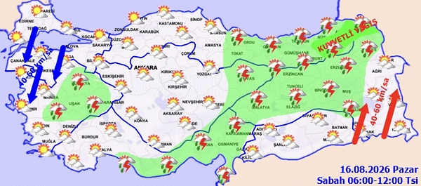 Yapılan son değerlendirmelere göre; Doğu Akdeniz’in Toroslar mevkii, Doğu Karadeniz (Giresun hariç), Erzincan, Erzurum, Kars ve Ardahan çevreleri ile Niğde, Kayseri ve Sivas’ın doğu kesimlerinde yağışların yer yer kuvvetli olacağı tahmin ediliyor.