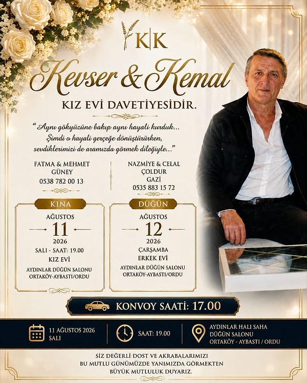 Kevser ve Kemal isimli başka bir çiftin davetiyesinde yine babanın fotoğrafı kullanılmıştı.
