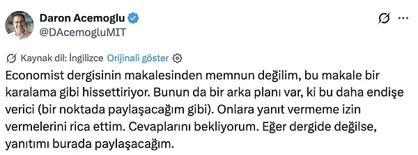 Acemoğlu ise bu sert yazıya X hesabı üzerinden tepki verdi.