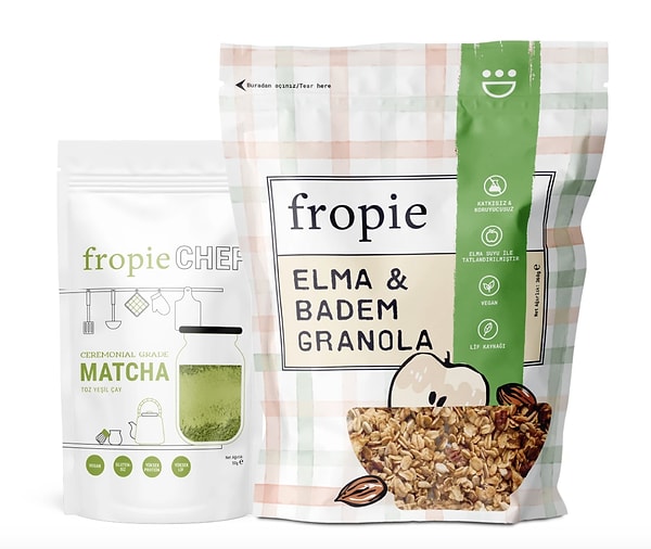 Fropie Matcha ve Elma & Badem granola ikili seti %49 indirimle 1.367,00 TL yerine net 700,00 TL!