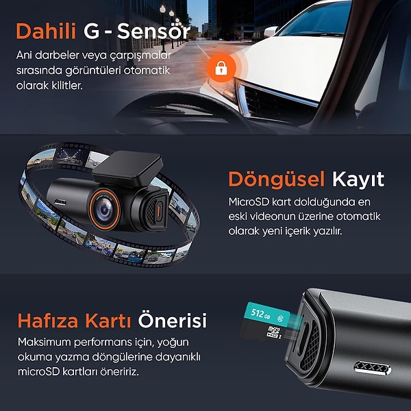 170° Ekstra Geniş Açı ve G-Sensörlü Acil Durum Kaydı