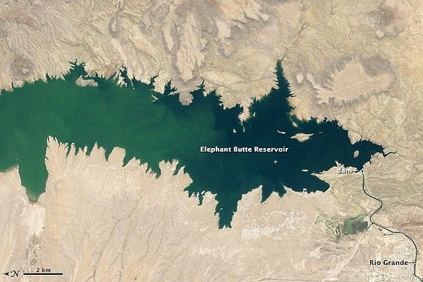 Elephant Butte Reservoir, the largest reservoir in New Mexico, is facing the most severe drought seen since 1971. According to NASA satellite images: