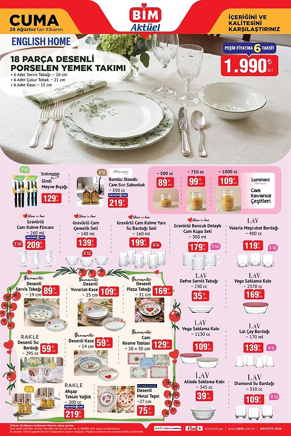 English Home 18 Parça Desenli Porselen Yemek Takımı 1990 TL