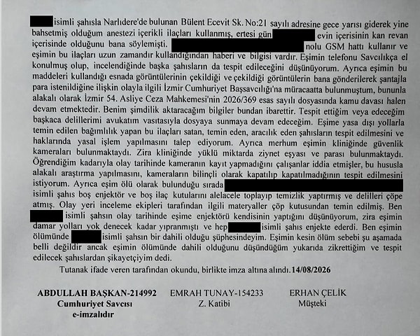 Birsen Altuntaş'ın özel haberine göre Çelik, eşine uzun süredir anestezide kullanılan bağımlılık yapıcı ilaçları yasa dışı yollarla temin ettiklerini, uyguladıklarını veya buna aracılık ettiklerini iddia ettiği bazı kişiler hakkında İzmir Cumhuriyet Başsavcılığı'na suç duyurusunda bulundu.