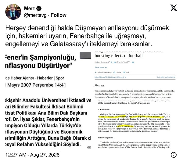 "Fener'in şampiyonluğu enflasyonu düşürüyor."