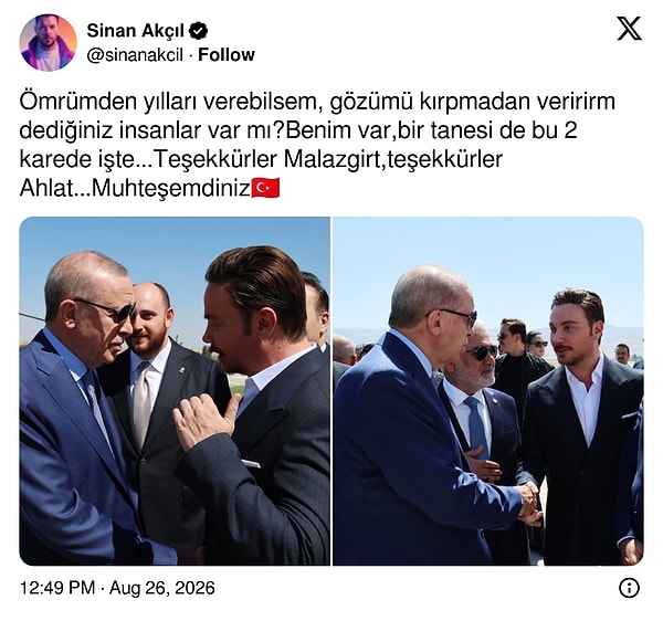 Malazgirt ve Ahlat’ta sahne alan Sinan Akçıl, Cumhurbaşkanı Erdoğan’la bir araya geldi.