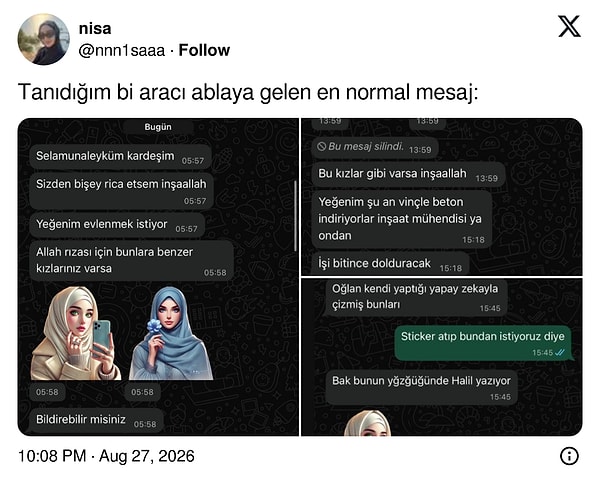 X’te viral olan paylaşımda, bir kullanıcı tanıdığı bir aracı ablaya gelen mesajları paylaşarak herkesi şok etti.