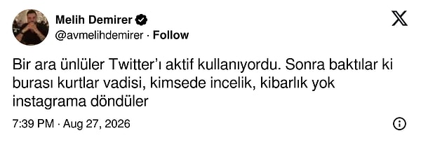 Sosyal medyanın giderek sertleşen diline değinen Melih Demirer, ünlülerin neden X’ten uzaklaştığını tek cümleyle özetledi.