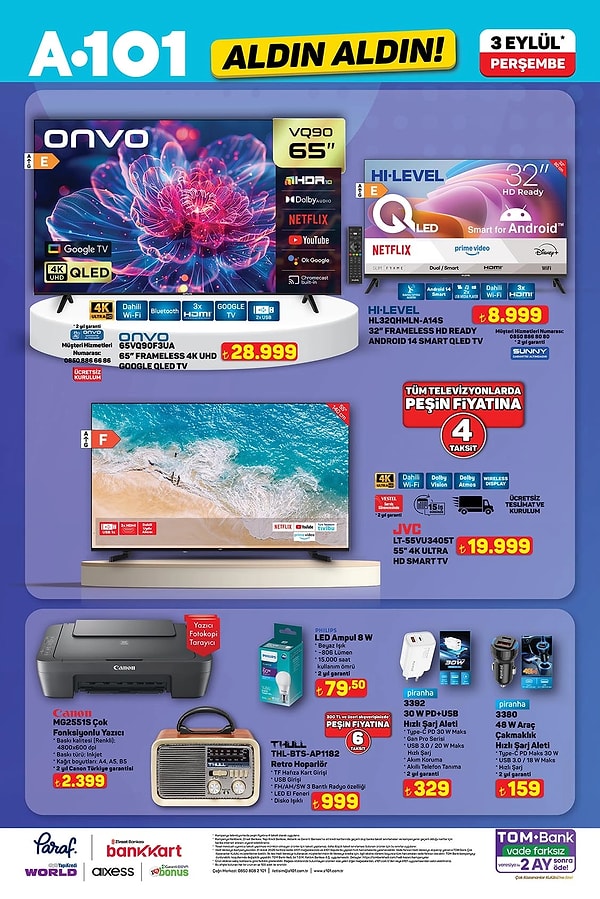 Onvo 65VQ90F3UA 65'' Frameless 4K UHD Google QLED TV 28.999 TL