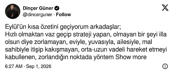 Güner'in Eylül ayı özeti aşağıdaki gibi: