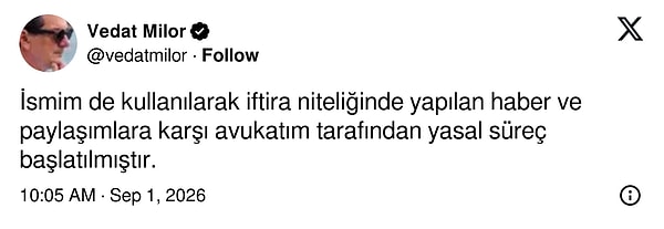 Sosyal medyada yayılan paylaşımların ardından gözler Vedat Milor’a çevrildi. Hakkındaki 9 bin euroluk tanıtım anlaşması ve elden ödeme iddialarına kısa bir açıklamayla yanıt veren ünlü yemek eleştirmeni, söz konusu paylaşımları “iftira” olarak nitelendirdi.