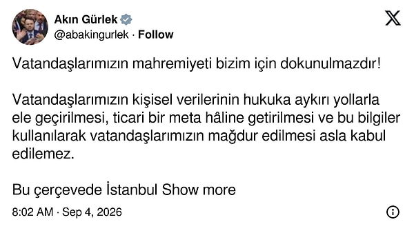 Adalet Bakanı Akın Gürlek'in konuyla ilgili yaptığı açıklama şöyle:
