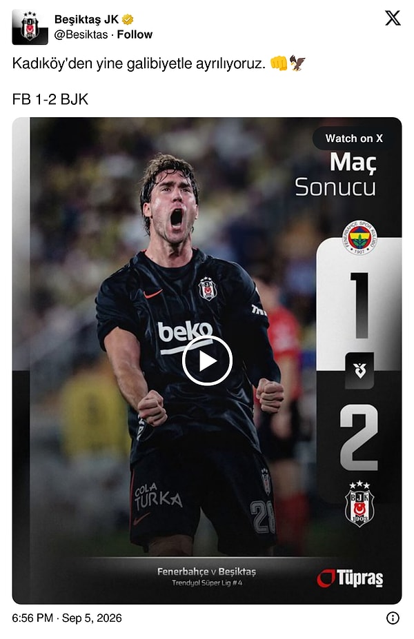 Beşiktaş ilk olarak maç skorunu "yine" göndermesiyle duyurdu.