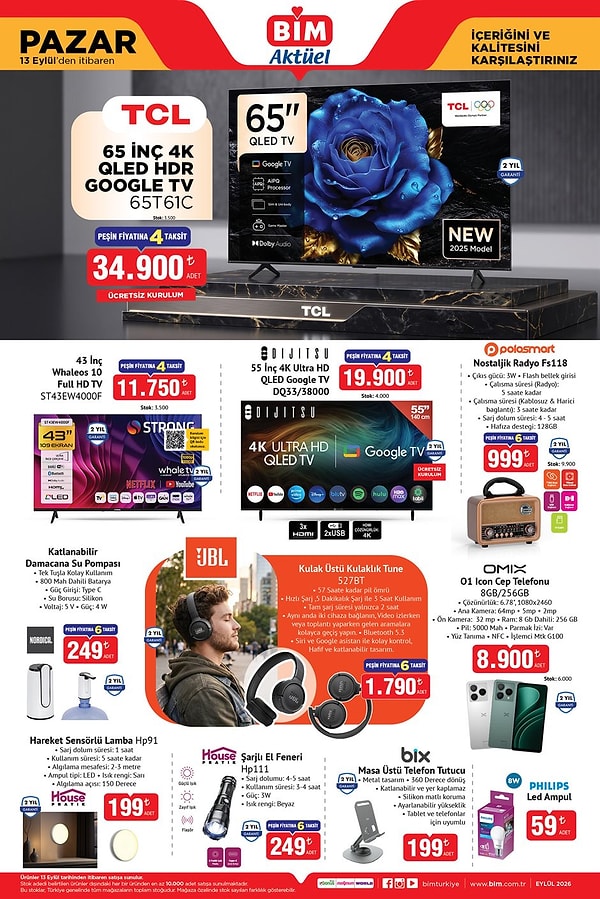 TCL 65" 4K QLED HDR Google TV 65T61C 34.900 TL