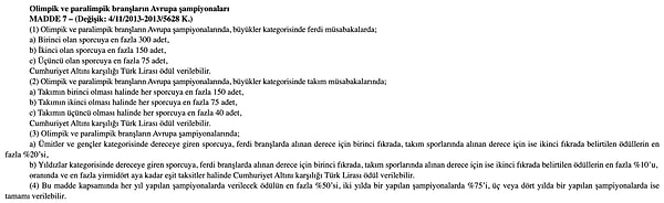 Ulusal ve uluslararası spor hizmet ve faaliyetlerinde üstün başarı gösteren sporculara, spor kulüplerine, teknik direktör ve antrenörlere ödül verilmesi ile nakdi yardım yapılmasına dair usul ve esasların yer aldığı mevzuat maddesi şu şekilde: