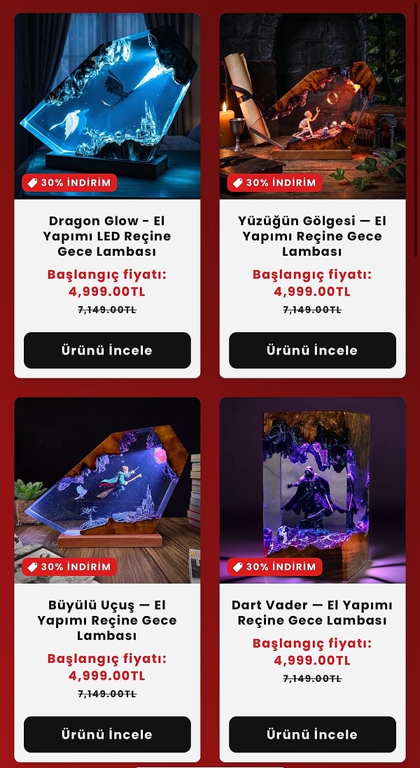 Reklama verilen linklerde de videodaki gibi üretildiği öne sürülen gece lambaları yüksek fiyatlardan satılıyor.