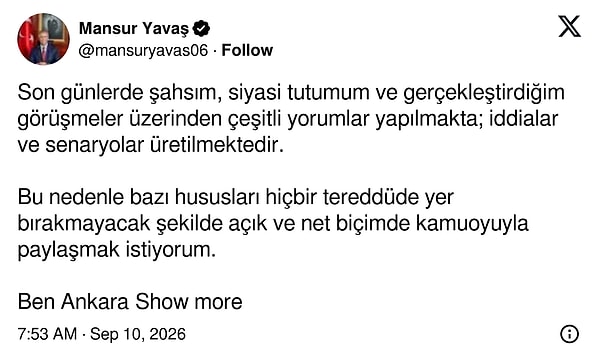 Mansur Yavaş'tan Cumhurbaşkanı Erdoğan ile görüşmesine dair açıklama.